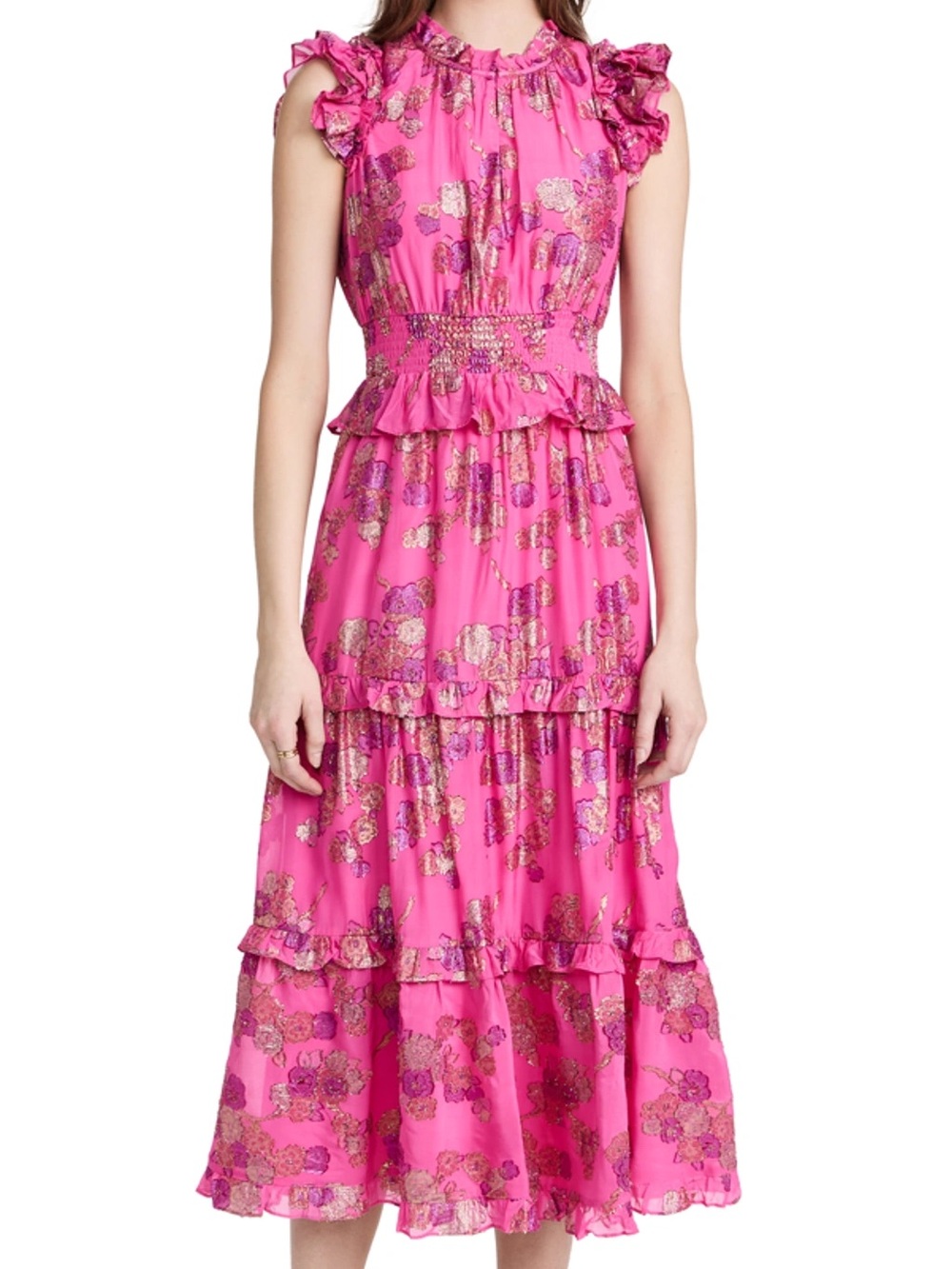 Shoshanna Maren Metallic Floral Maxi Dress Fuchsia Gold - Picture 2 of 6